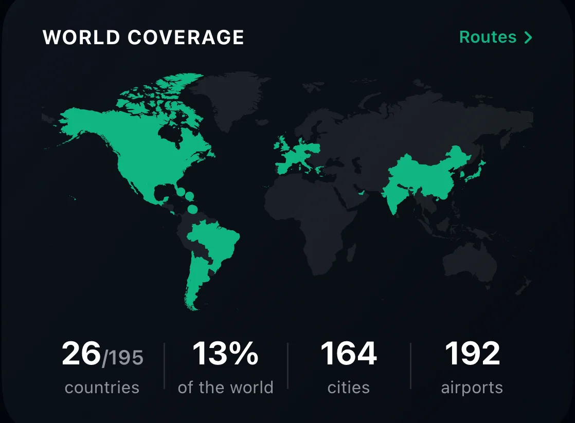 World coverage: 26 of 195 countries, 164 cities and 192 airports shaded on a world map.