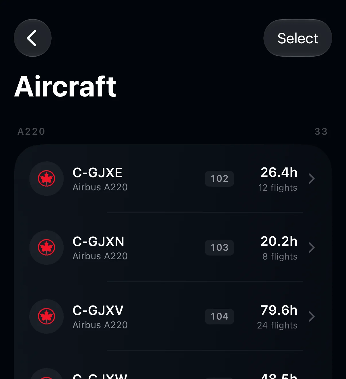 Crewlog's aircraft library: Air Canada A220 tails with fin numbers, hours and flights for each.