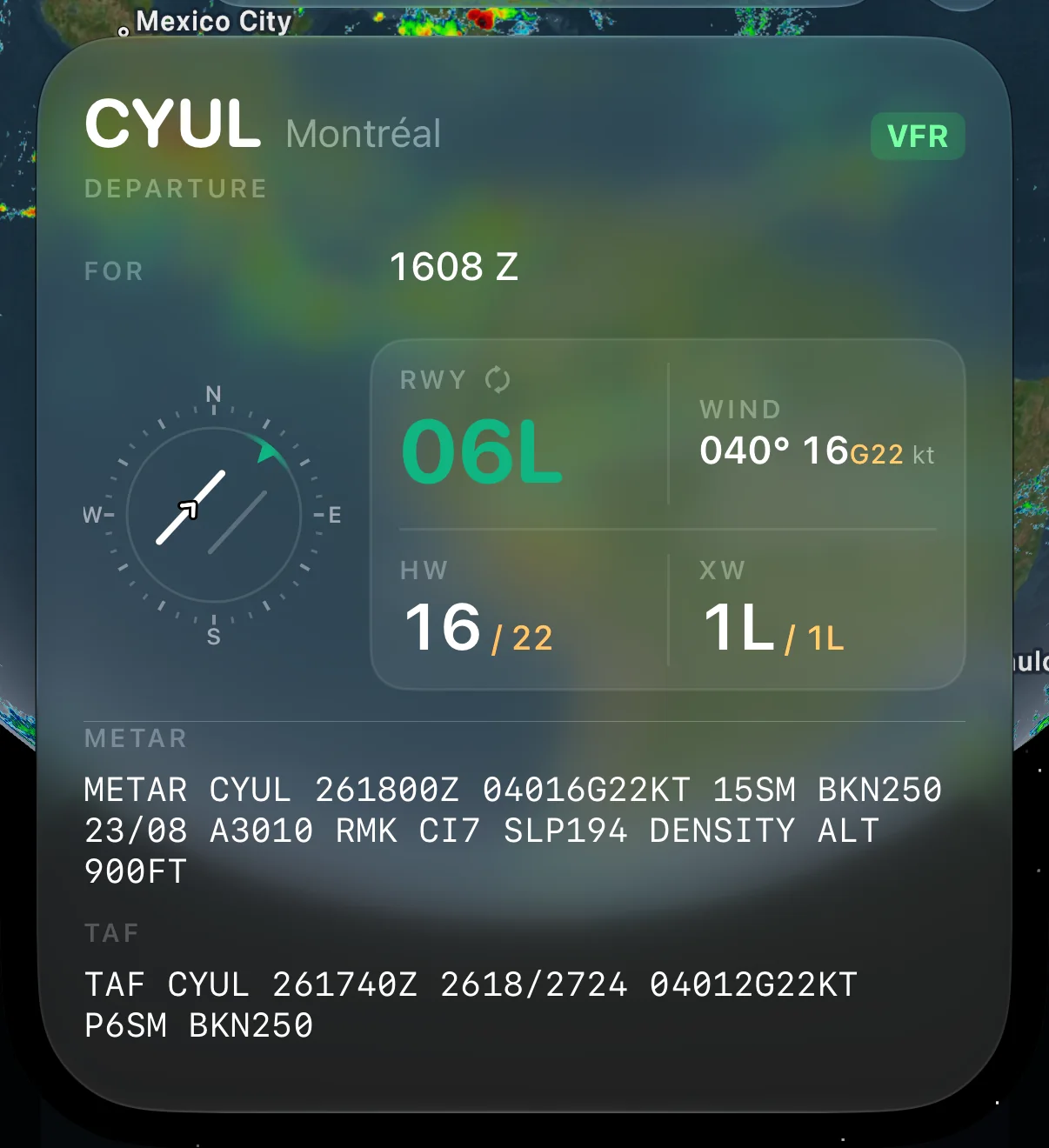 Crewlog's weather page: infrared satellite over North America with the YUL–CDG route, and the Montréal departure card showing runway 06L with head- and crosswind from the METAR.