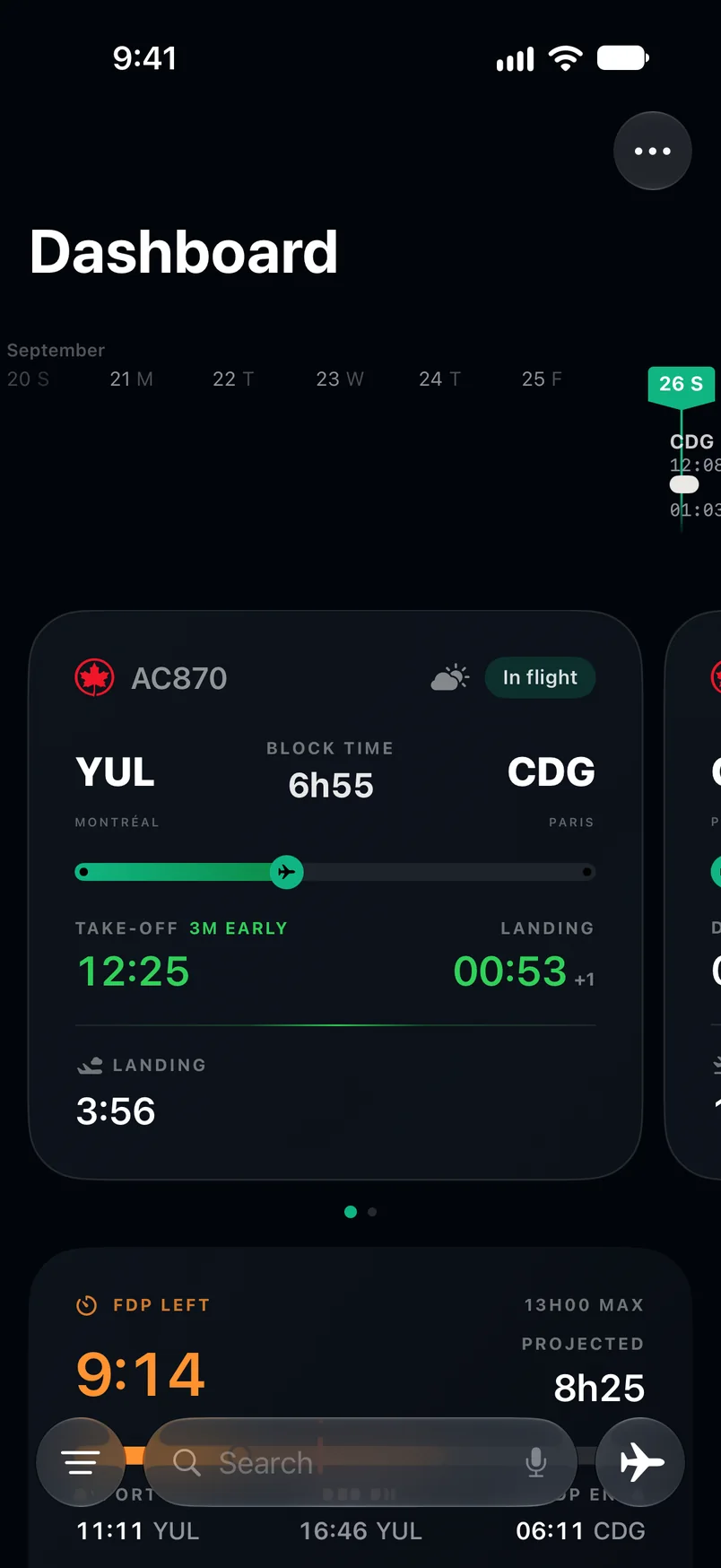 The Crewlog dashboard in flight: AC870 from Montréal to Paris with its progress track, take-off and landing clocks, and the duty card counting down the flight duty period.