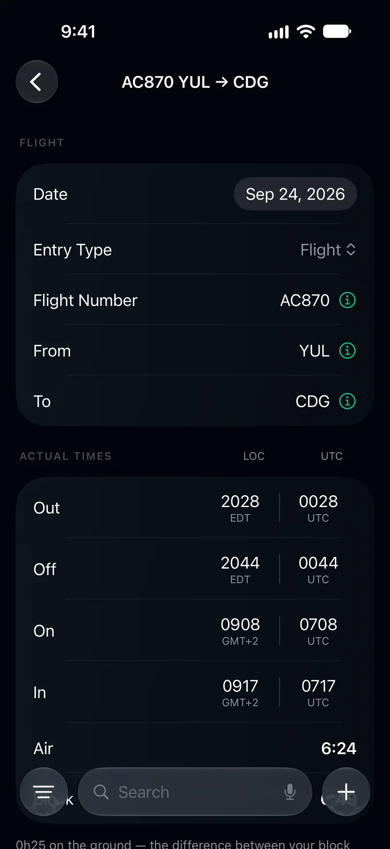 A Crewlog flight entry, AC870 from Montréal to Paris, with each OOOI time in airport-local and UTC columns.