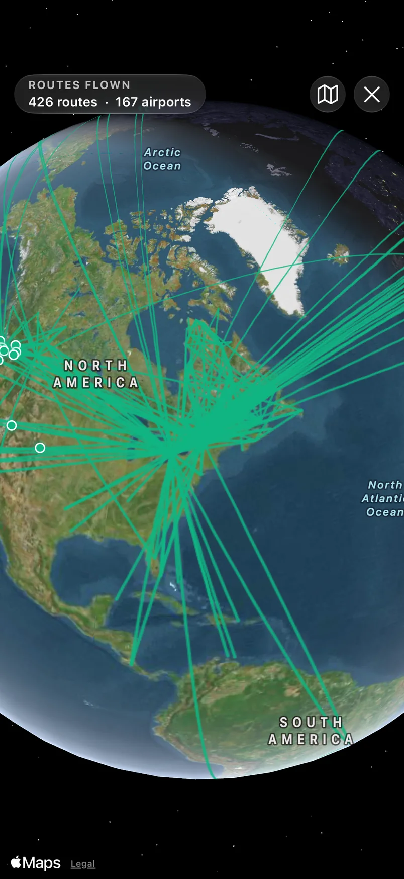 Crewlog's routes globe: 426 routes between 167 airports drawn in green over the Americas.