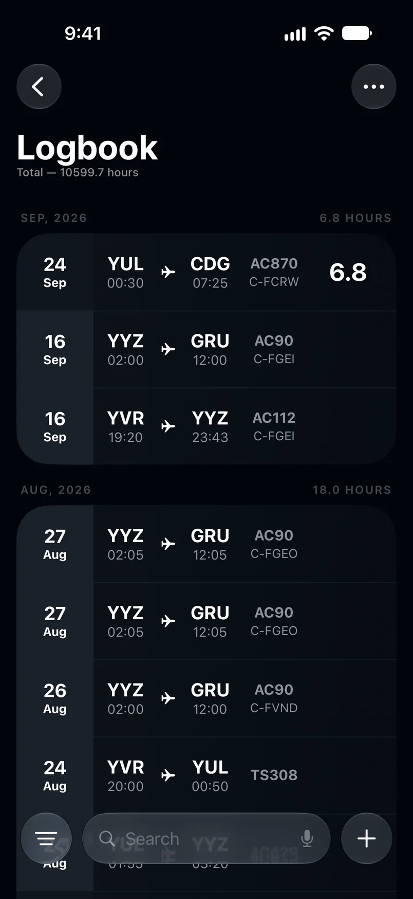 The Crewlog logbook: flights grouped by month, each with its date, route, times, flight number and registration.