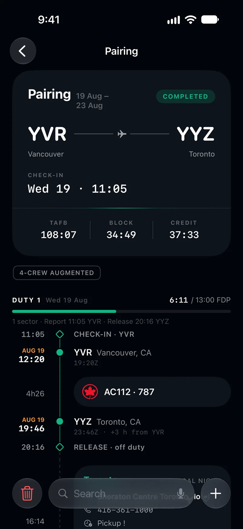 A Crewlog pairing page: Vancouver to Toronto, 19 to 23 August, with TAFB 108:07, block 34:49 and credit 37:33, a four-crew augmented duty rail and every sector from check-in to release.