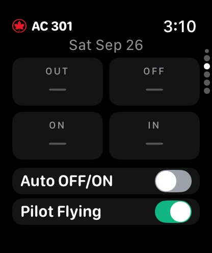 Crewlog on Apple Watch: OUT, OFF, ON and IN tiles, with Auto OFF/ON and Pilot Flying switches.