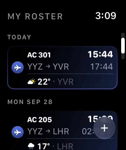 Crewlog on Apple Watch: the roster page with today's flight.